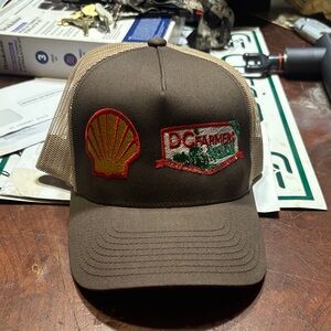 New Classic Brown and Tan Trucker Hat with shell and DC coop embroidered on hat